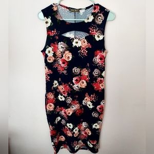 Navy Floral Stretch sleeveless slip on bodycon dress - Small / Med